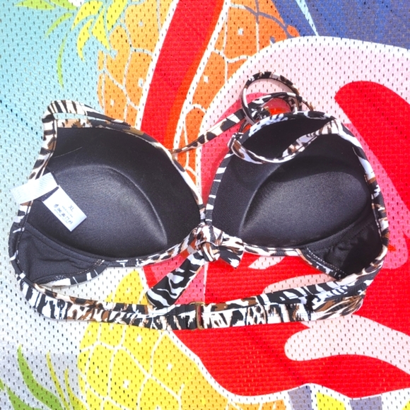 ANA Animal Tribal Print Bikini Top XL Adjustable Back Tie Neck Black Brown White - Picture 3 of 5